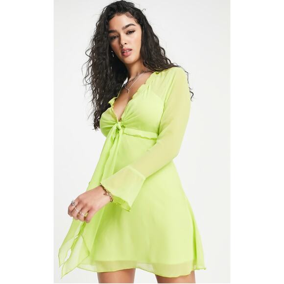 ASOS Tie Front Lettuce Edge 90s Mini Tea Dress Light Green Womens Size 2 New - Picture 1 of 13